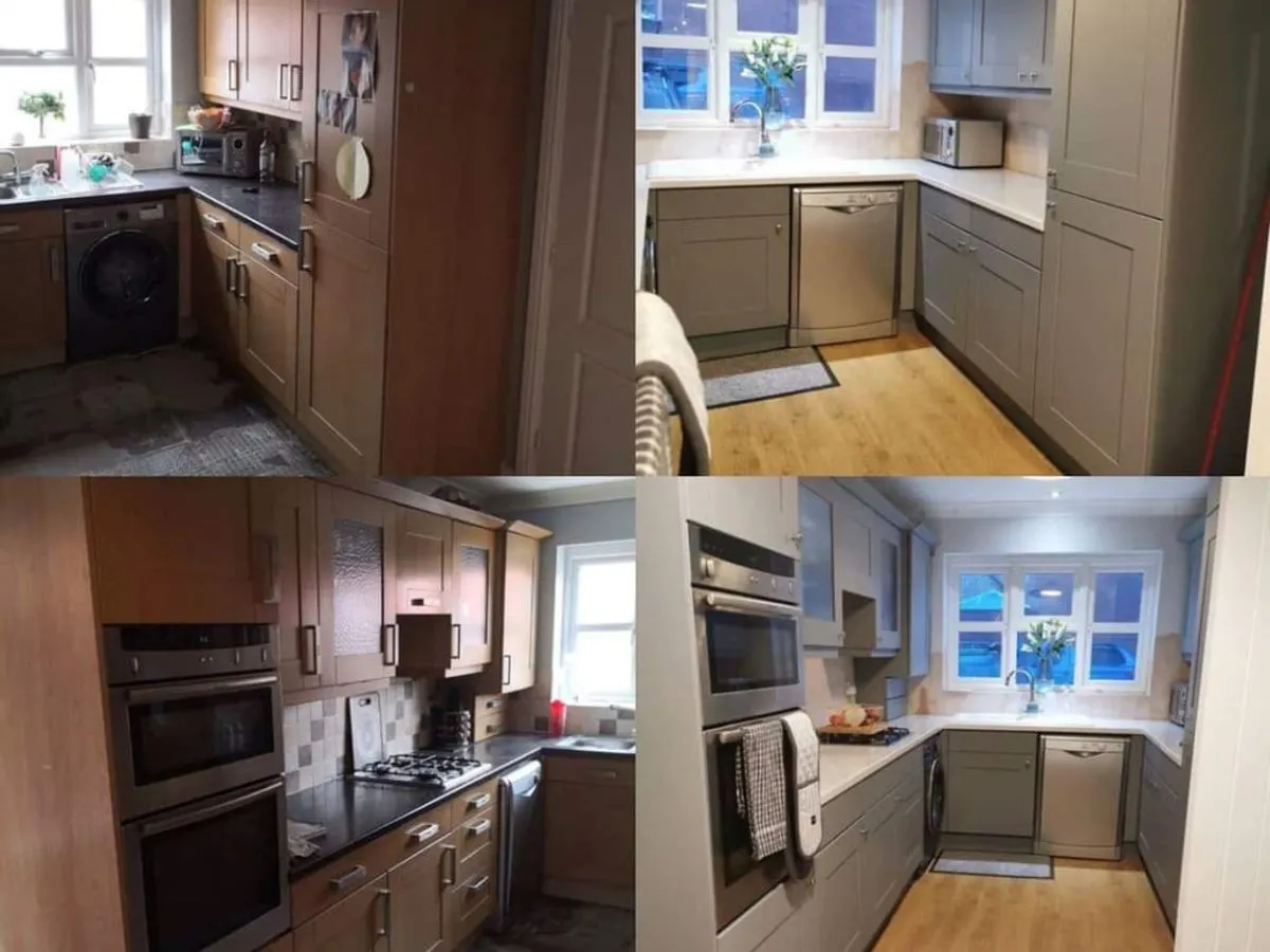 Before and after collage showing brown kitchen transformed to grey with white worktops and new flooring