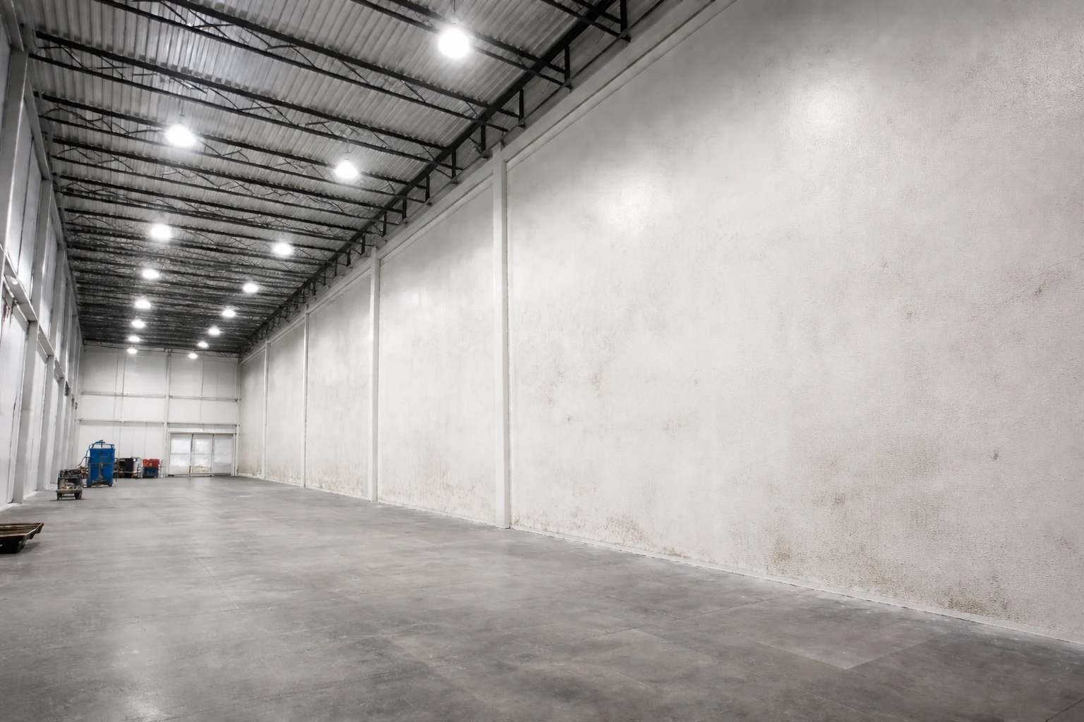 Warehouse before painting — bare walls, unpainted industrial space